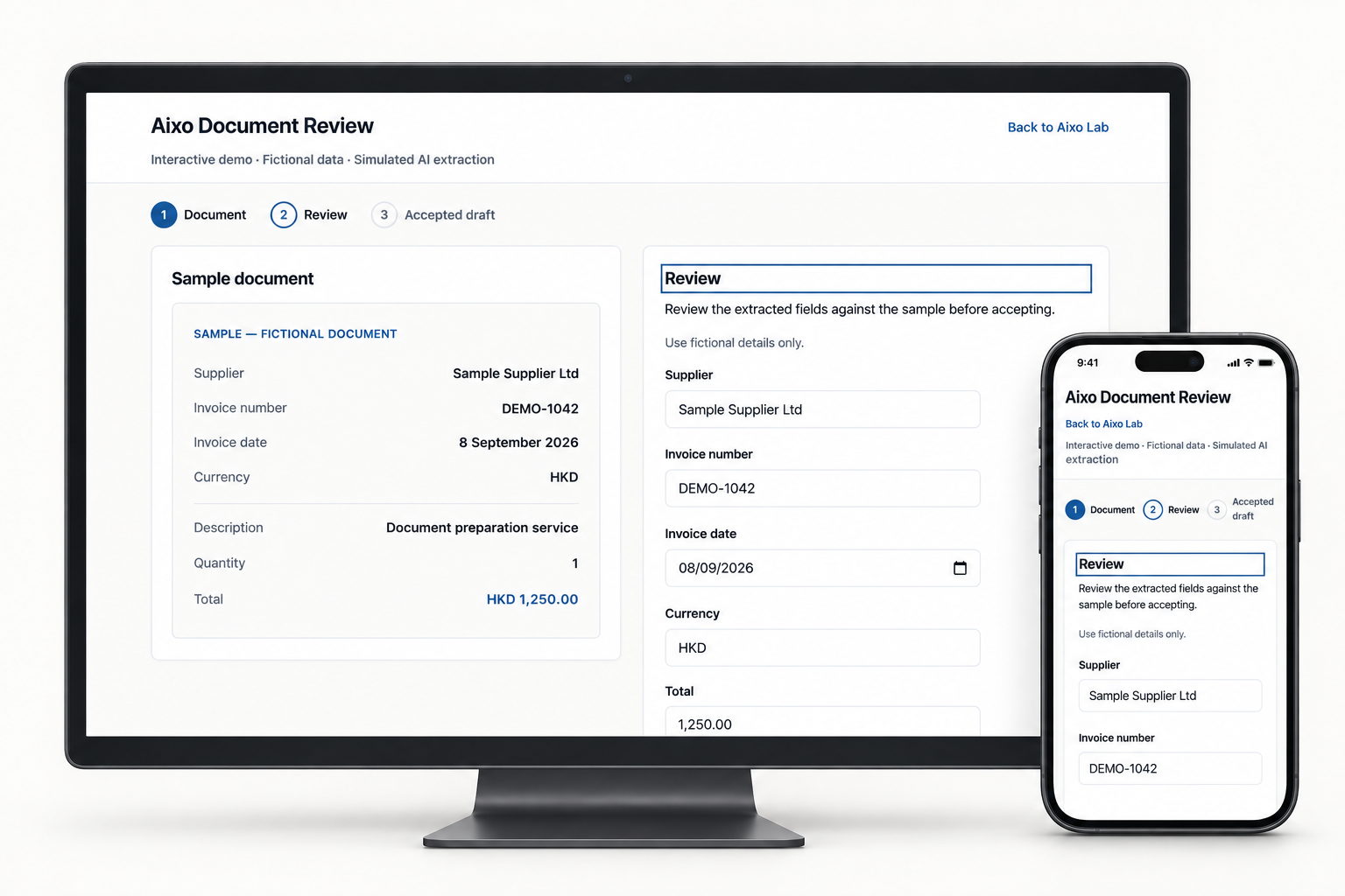 Aixo Document Review mockup shown on desktop and mobile, with a sample invoice and fields for human review.