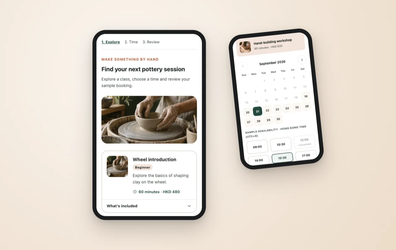 Two phone screens showing the booking app concept: choosing a class on the left screen, and a chosen class with a selected date and time on the right screen.
