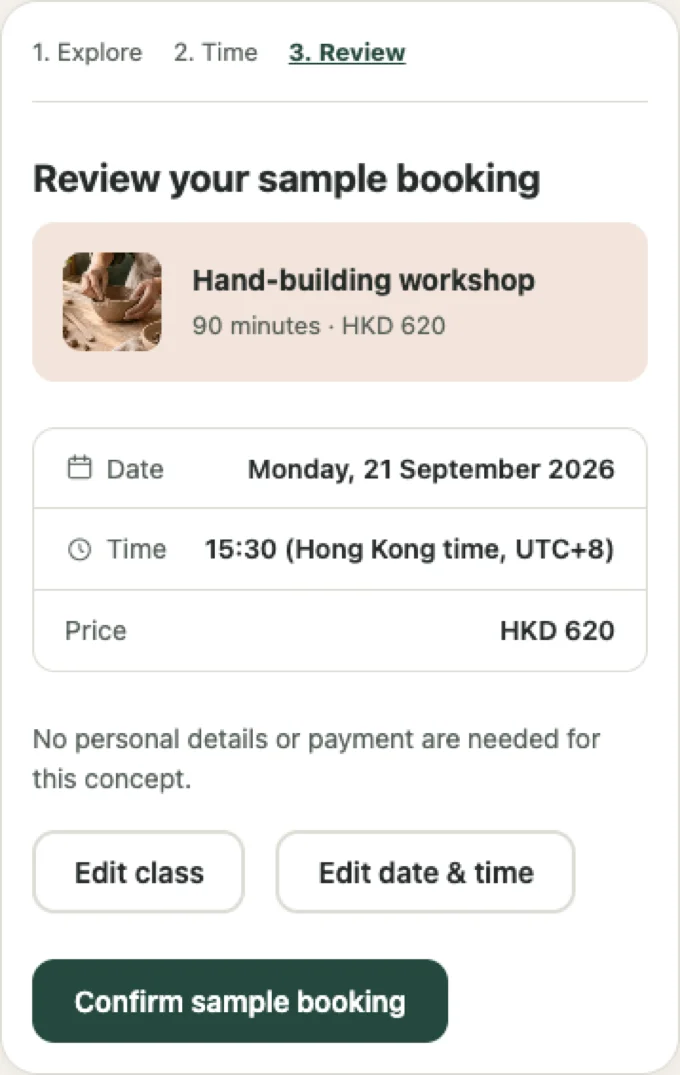 Screen reviewing the selected class, date, time and price before confirming a sample booking.