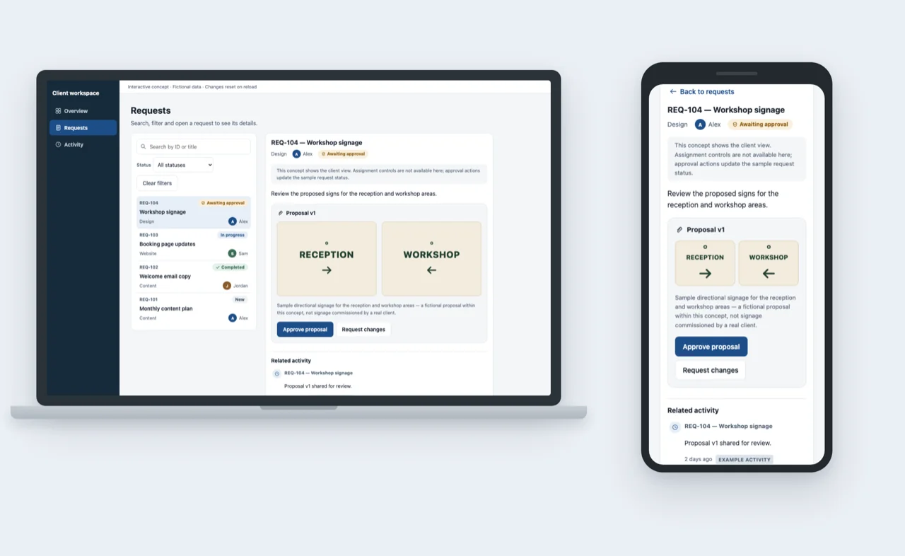Laptop and phone screens showing the client portal concept: the Requests view with a sample proposal open on the laptop, and the same proposal's approval action on the phone.