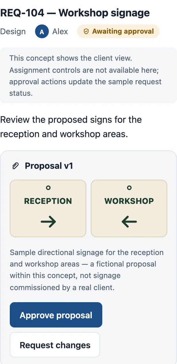 Request detail showing the sample signage proposal, awaiting approval, with Approve proposal and Request changes actions.