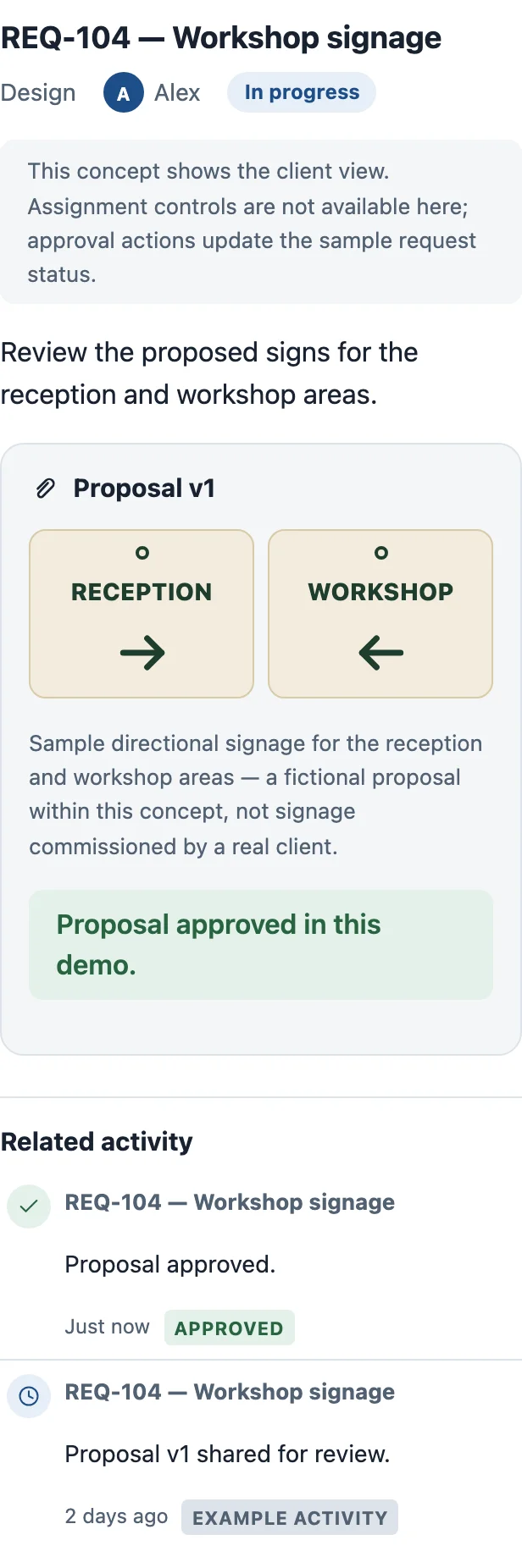 The same request after approval, now In progress, with a confirmation message and the related activity updated.