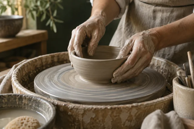 Hands shaping a clay bowl on a pottery wheel.